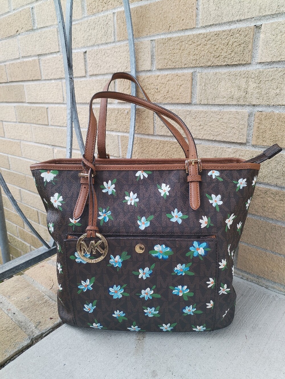 Hand Painted Michael Kors Floral Tote Bag Brown Signature Canvas Custom DaisyArt
